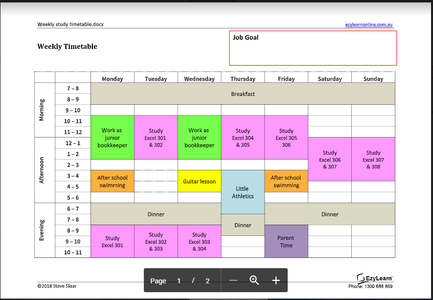 Weekly Study Plan focussed on office and accounting skills to acheive Job Outcomes for accounting & Office admin jobs